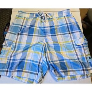 Old Navy Mens XL Lined Swimming Trunks Pockets Blue Check Beach 9" Inseam
